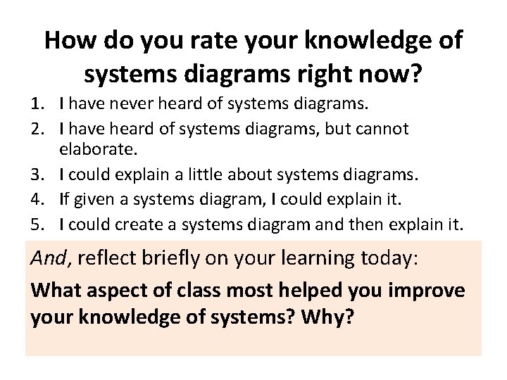 How do you rate your knowledge of systems diagrams right now? 1. I have