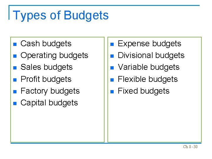 Types of Budgets n n n Cash budgets Operating budgets Sales budgets Profit budgets