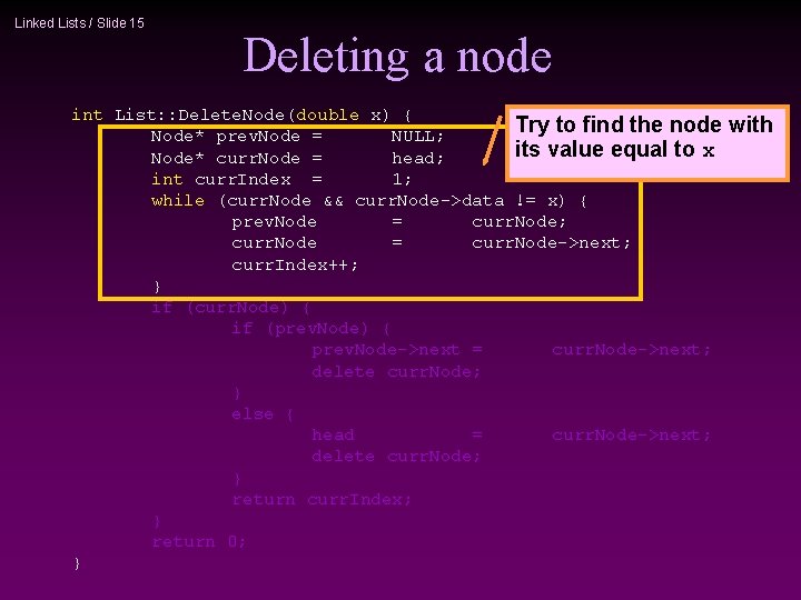 Linked Lists / Slide 15 Deleting a node int List: : Delete. Node(double x)