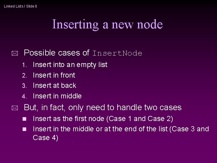 Linked Lists / Slide 8 Inserting a new node * Possible cases of Insert.