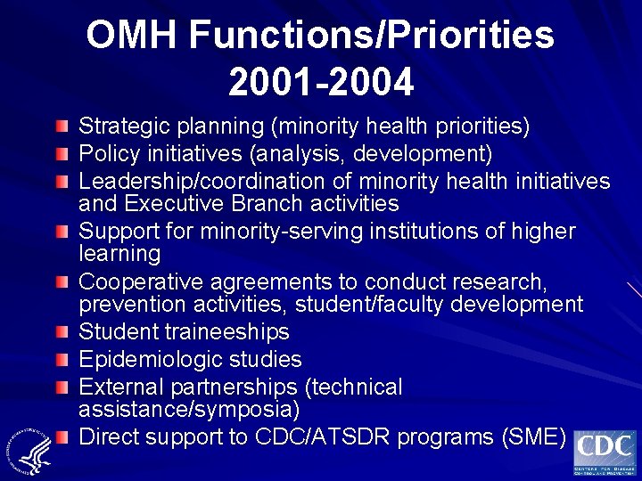 OMH Functions/Priorities 2001 -2004 Strategic planning (minority health priorities) Policy initiatives (analysis, development) Leadership/coordination
