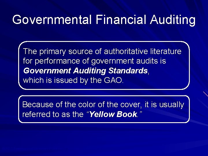 Governmental Financial Auditing The primary source of authoritative literature for performance of government audits