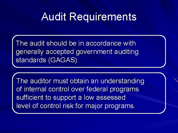 Audit Requirements The audit should be in accordance with generally accepted government auditing standards