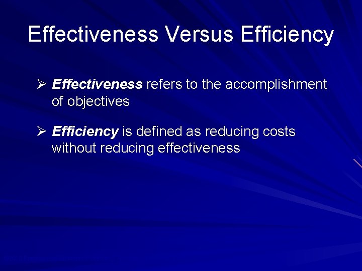 Effectiveness Versus Efficiency Ø Effectiveness refers to the accomplishment of objectives Ø Efficiency is