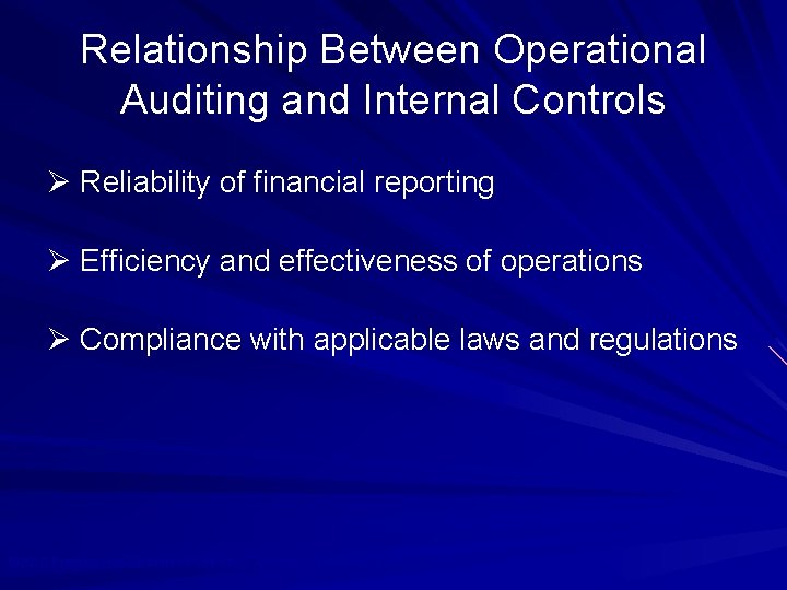 Relationship Between Operational Auditing and Internal Controls Ø Reliability of financial reporting Ø Efficiency