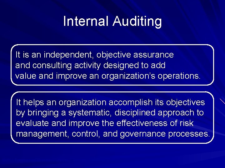 Internal Auditing It is an independent, objective assurance and consulting activity designed to add