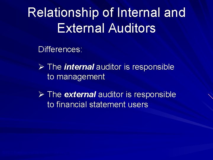 Relationship of Internal and External Auditors Differences: Ø The internal auditor is responsible to