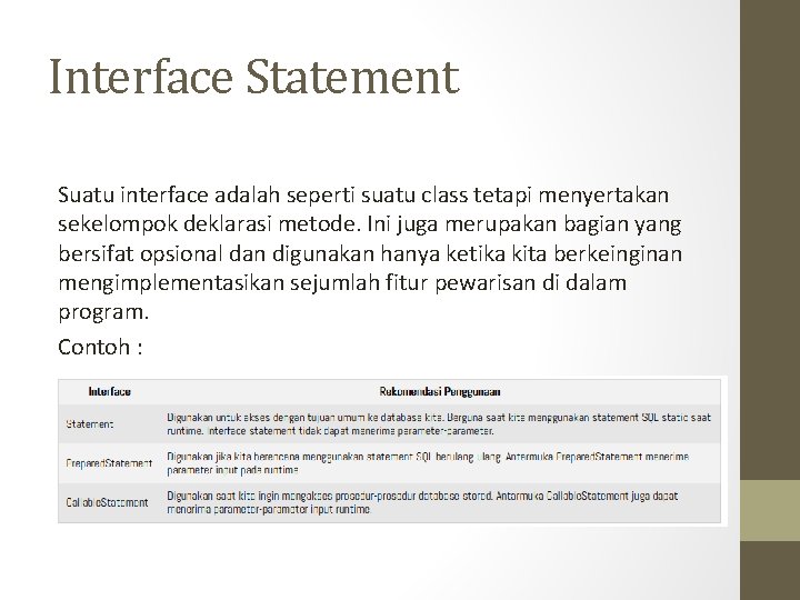 Interface Statement Suatu interface adalah seperti suatu class tetapi menyertakan sekelompok deklarasi metode. Ini