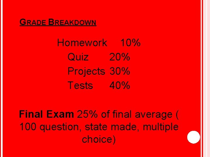 GRADE BREAKDOWN Homework 10% Quiz 20% Projects 30% Tests 40% Final Exam 25% of