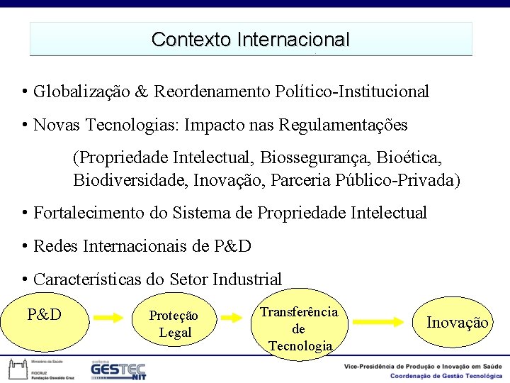 Contexto Internacional • Globalização & Reordenamento Político-Institucional • Novas Tecnologias: Impacto nas Regulamentações (Propriedade
