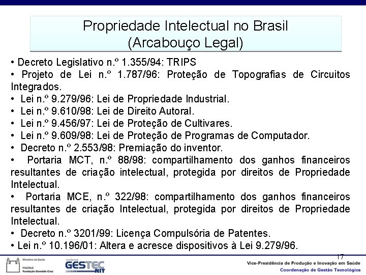 Propriedade Intelectual no Brasil (Arcabouço Legal) • Decreto Legislativo n. º 1. 355/94: TRIPS
