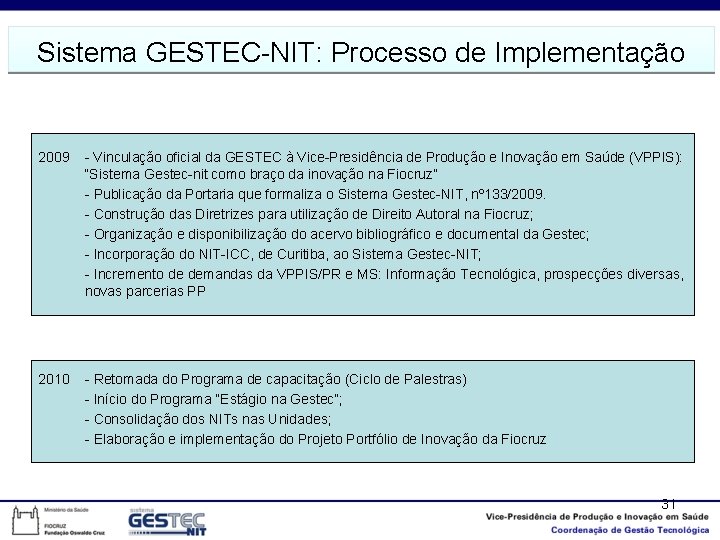 Sistema GESTEC-NIT: Processo de Implementação 2009 - Vinculação oficial da GESTEC à Vice-Presidência de