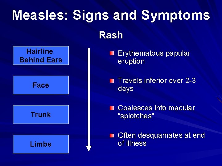 Measles: Signs and Symptoms Rash Hairline Behind Ears Erythematous papular eruption Face Travels inferior