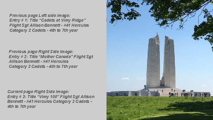 Previous page Left side image: Entry # 1: Title “Cadets at Vimy Ridge” Flight