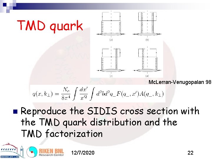 TMD quark Mc. Lerran-Venugopalan 98 n Reproduce the SIDIS cross section with the TMD