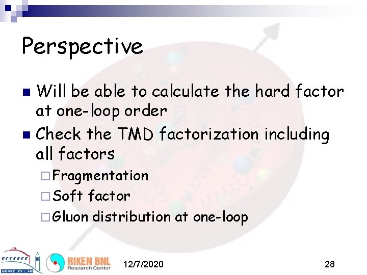 Perspective Will be able to calculate the hard factor at one-loop order n Check