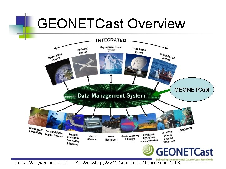 GEONETCast Overview GEONETCast Lothar. Wolf@eumetsat. int CAP Workshop, WMO, Geneva 9 – 10 December