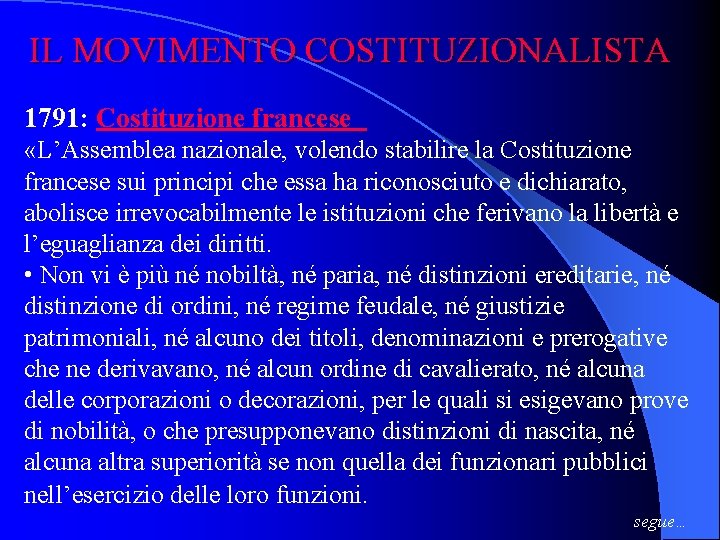IL MOVIMENTO COSTITUZIONALISTA 1791: Costituzione francese «L’Assemblea nazionale, volendo stabilire la Costituzione francese sui