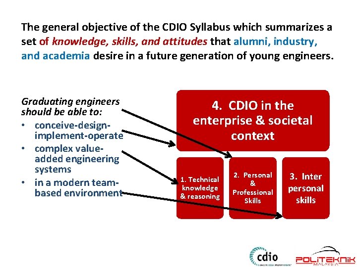 The general objective of the CDIO Syllabus which summarizes a set of knowledge, skills,