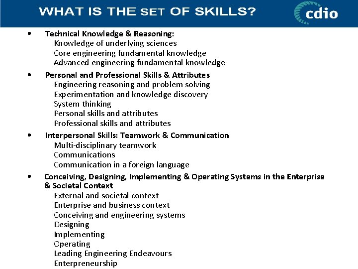  • • Technical Knowledge & Reasoning: Knowledge of underlying sciences Core engineering fundamental