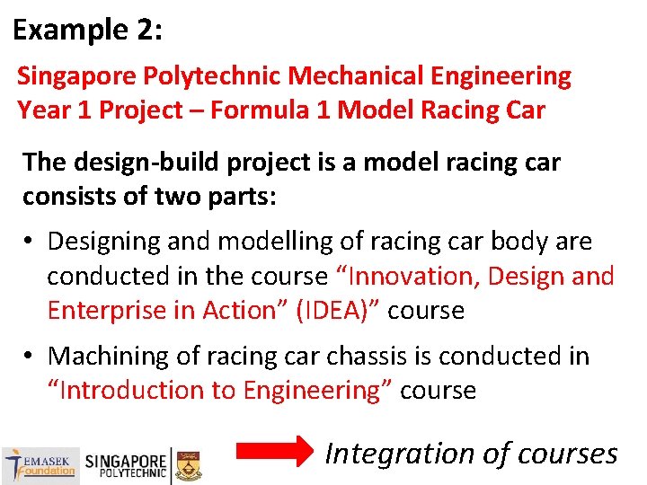 Example 2: Singapore Polytechnic Mechanical Engineering Year 1 Project – Formula 1 Model Racing