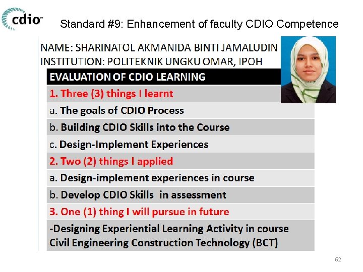 Standard #9: Enhancement of faculty CDIO Competence 62 