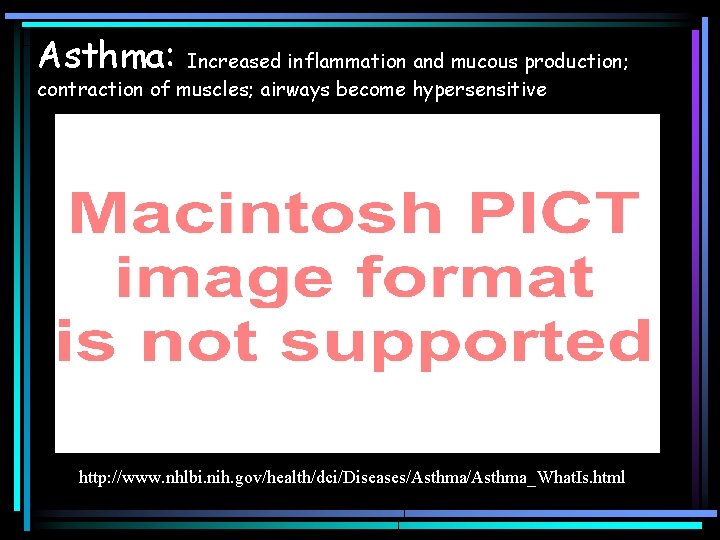 Asthma: Increased inflammation and mucous production; contraction of muscles; airways become hypersensitive http: //www. Asthma: Increased inflammation and mucous production; contraction of muscles; airways become hypersensitive http: //www.