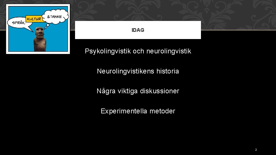 IDAG Psykolingvistik och neurolingvistik Neurolingvistikens historia Några viktiga diskussioner Experimentella metoder 2 