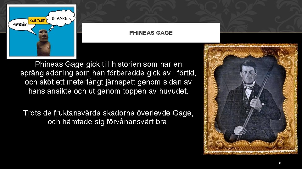 PHINEAS GAGE Phineas Gage gick till historien som när en sprängladdning som han förberedde