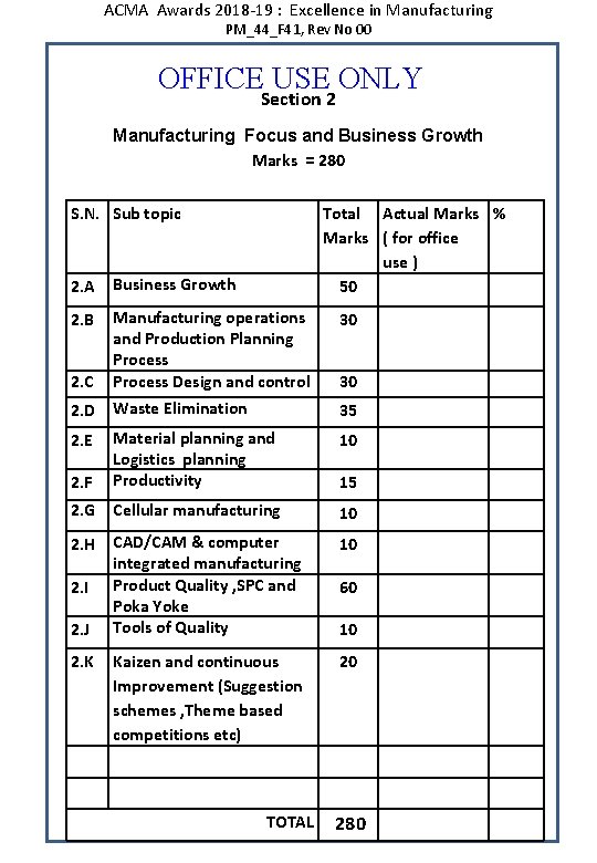 ACMA Awards 2018 -19 : Excellence in Manufacturing PM_44_F 41, Rev No 00 OFFICE