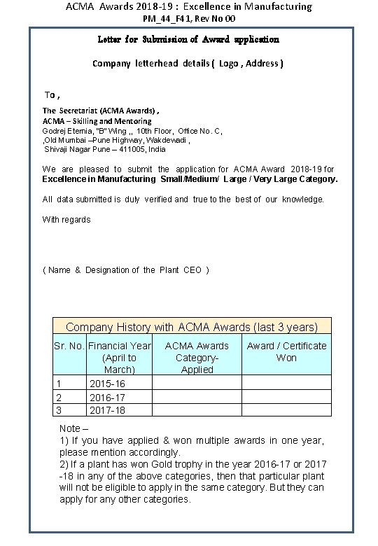 ACMA Awards 2018 -19 : Excellence in Manufacturing PM_44_F 41, Rev No 00 Letter