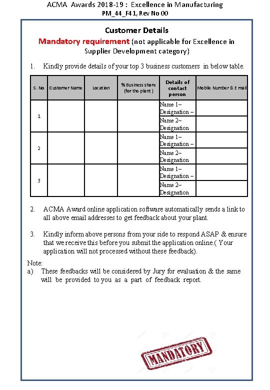 ACMA Awards 2018 -19 : Excellence in Manufacturing PM_44_F 41, Rev No 00 Customer