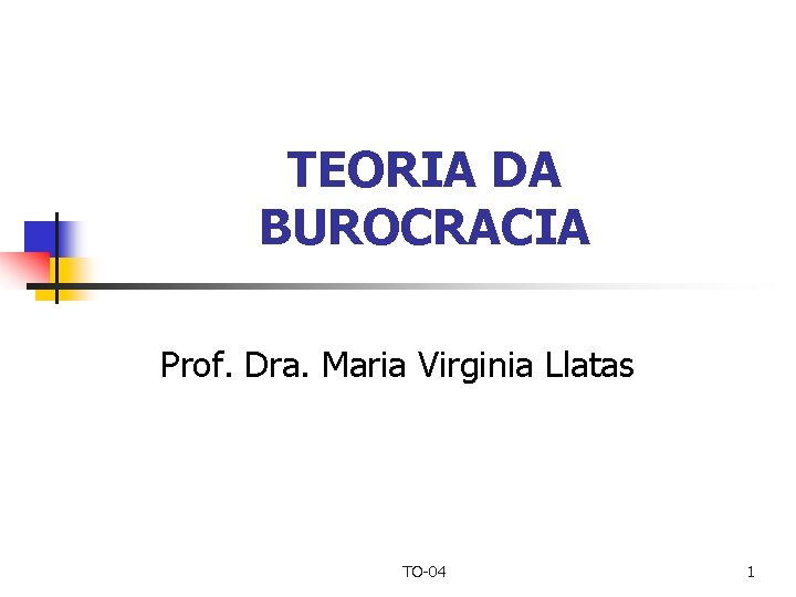 TEORIA DA BUROCRACIA Prof. Dra. Maria Virginia Llatas TO-04 1 