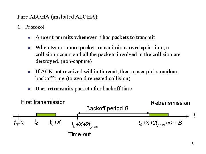 Pure ALOHA (unslotted ALOHA): 1. Protocol ● A user transmits whenever it has packets