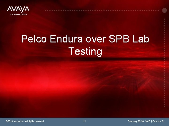 Pelco Endura over SPB Lab Testing © 2013 Avaya Inc. All rights reserved 21