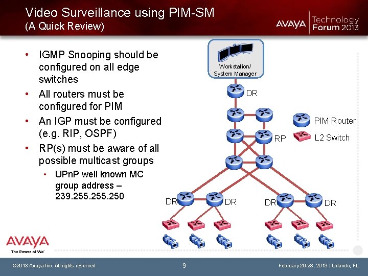 Video Surveillance using PIM-SM (A Quick Review) • IGMP Snooping should be configured on