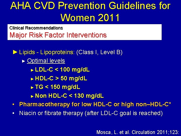 AHA CVD Prevention Guidelines for Women 2011 Clinical Recommendations Major Risk Factor Interventions ►