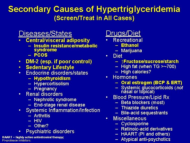 Secondary Causes of Hypertriglyceridemia (Screen/Treat in All Cases) Diseases/States • Central/visceral adiposity – Insulin