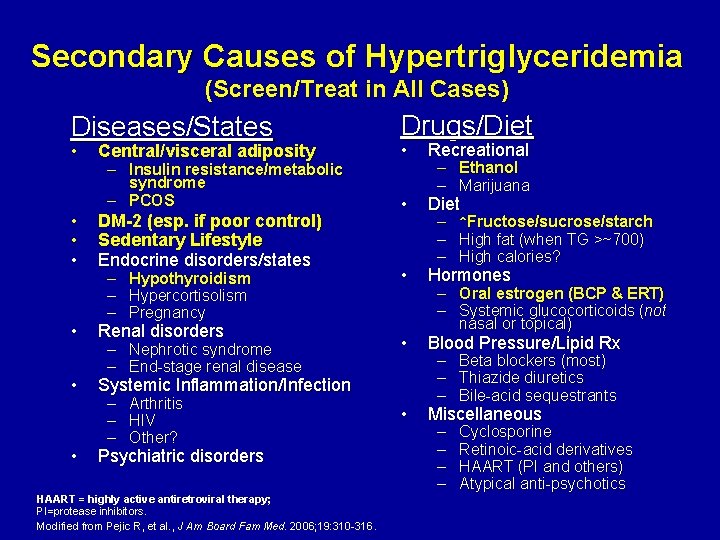 Secondary Causes of Hypertriglyceridemia (Screen/Treat in All Cases) Diseases/States • • Central/visceral adiposity –