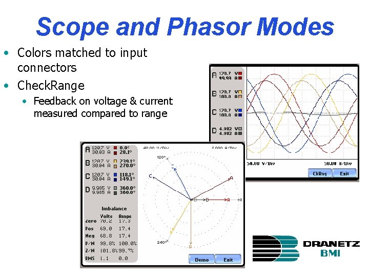 Scope and Phasor Modes • Colors matched to input connectors • Check. Range •