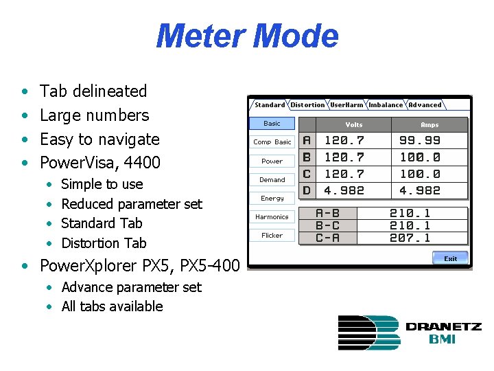 Meter Mode • • Tab delineated Large numbers Easy to navigate Power. Visa, 4400