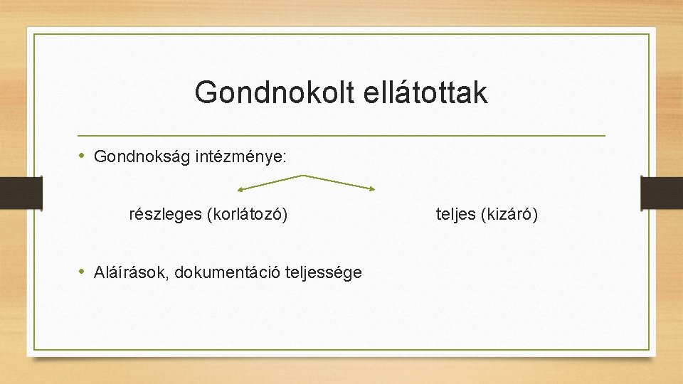 Gondnokolt ellátottak • Gondnokság intézménye: részleges (korlátozó) • Aláírások, dokumentáció teljessége teljes (kizáró) 