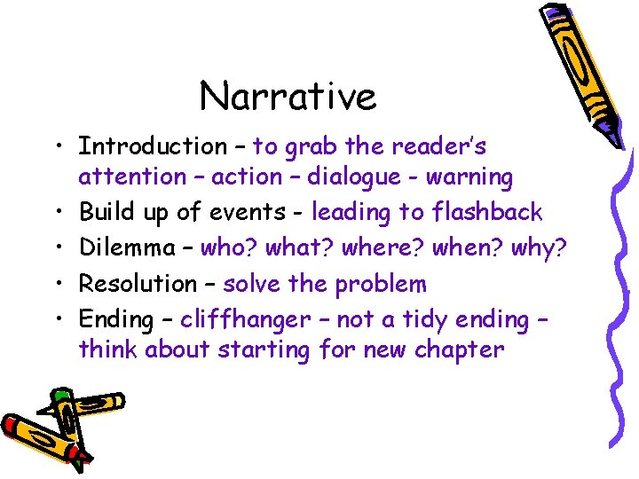 Narrative • Introduction – to grab the reader’s attention – action – dialogue -