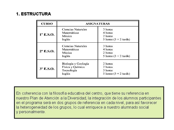 1. ESTRUCTURA En coherencia con la filosofía educativa del centro, que tiene su referencia