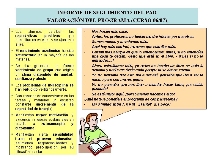 INFORME DE SEGUIMIENTO DEL PAD VALORACIÓN DEL PROGRAMA (CURSO 06/07) Los alumnos perciben las