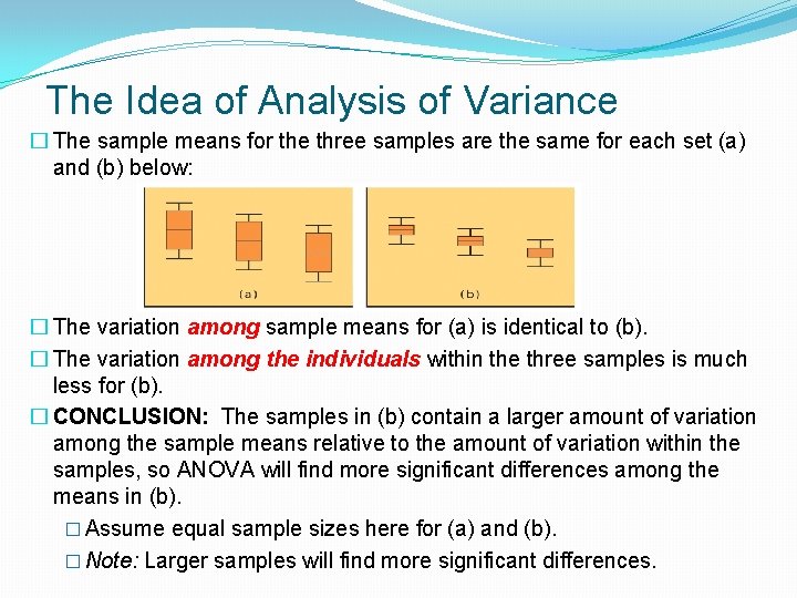 The Idea of Analysis of Variance � The sample means for the three samples