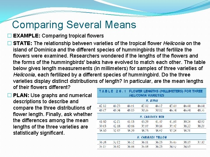 Comparing Several Means � EXAMPLE: Comparing tropical flowers � STATE: The relationship between varieties