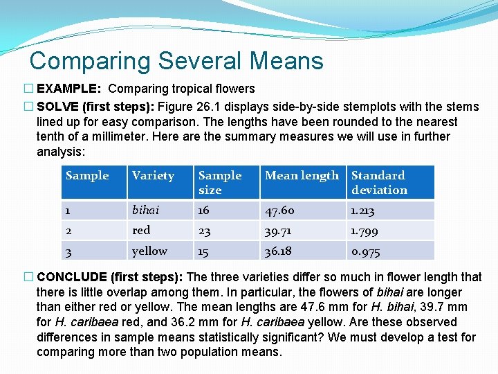 Comparing Several Means � EXAMPLE: Comparing tropical flowers � SOLVE (first steps): Figure 26.