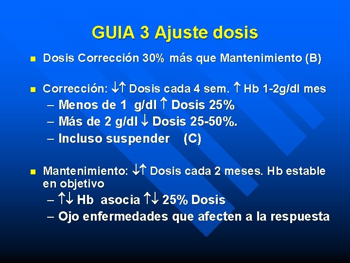 GUIA 3 Ajuste dosis n Dosis Corrección 30% más que Mantenimiento (B) n Corrección: