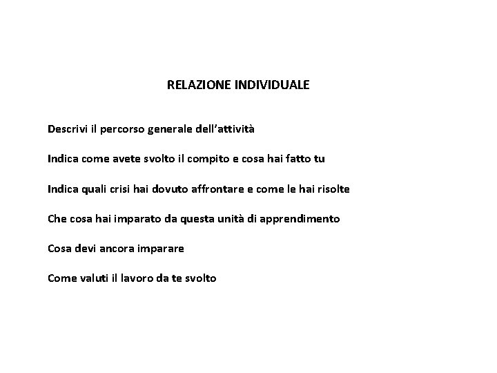 RELAZIONE INDIVIDUALE Descrivi il percorso generale dell’attività Indica come avete svolto il compito e